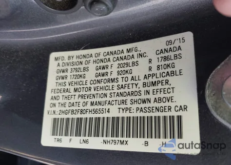 2015 Honda Civic Ex z USA, uszkodzony, nr VIN 2HGFB2F80FH565514